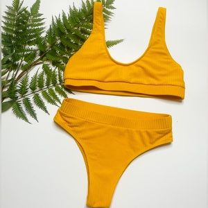 Shein bright yellow high waisted textured full coverage two piece bikini